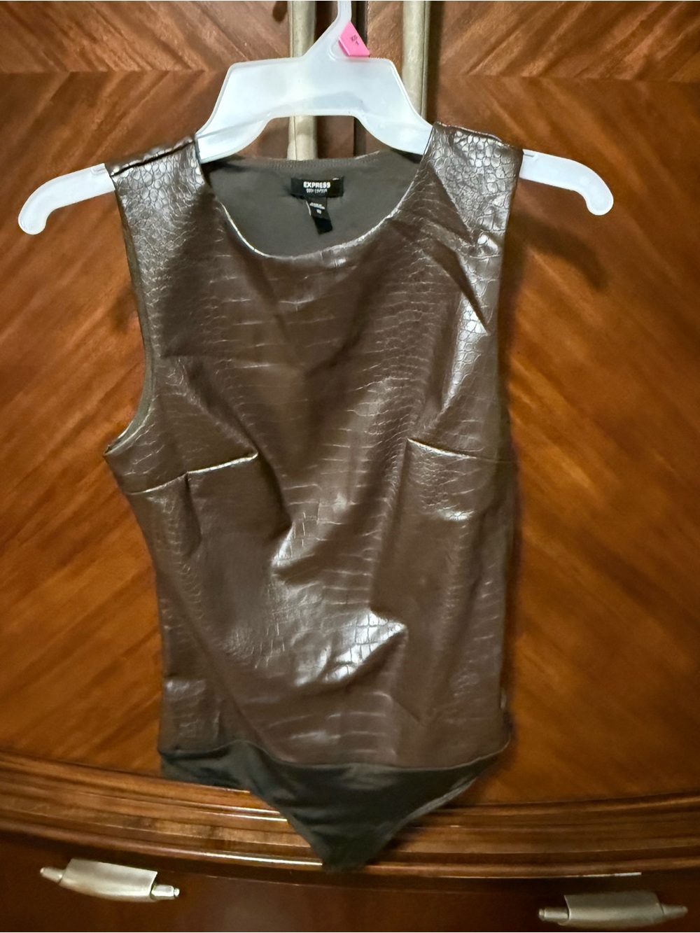 Express Brown Croc-Embossed Faux-Leather Sleeveless Bodysuit